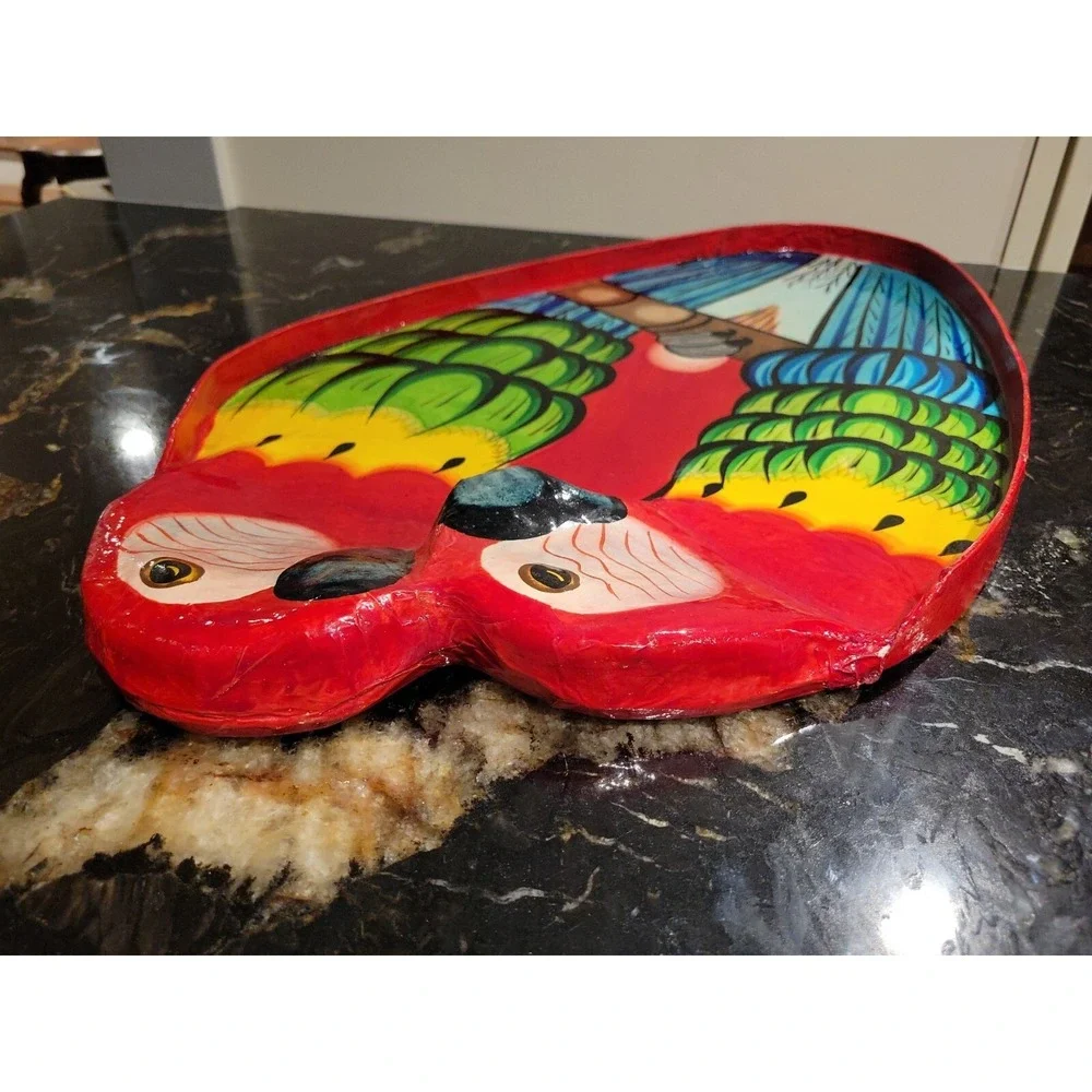 Parrots Tray Vintage Large Papier Mache Parrot Hand Painted Macaws Artist Signed